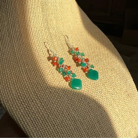 Green Onyx and Carnelian Earrings Cluster Long dangle - Picture 6 of 6